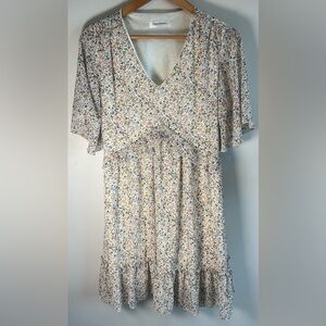 Manydress Women's Floral Print V Neck Casual Mini Boho Ruffle Swing Dress Size M